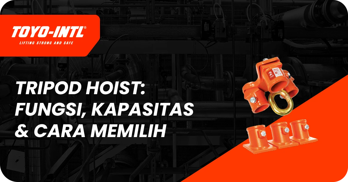 Tripod hoist TOYO-INTL dengan clamp beam dan hook di area industri